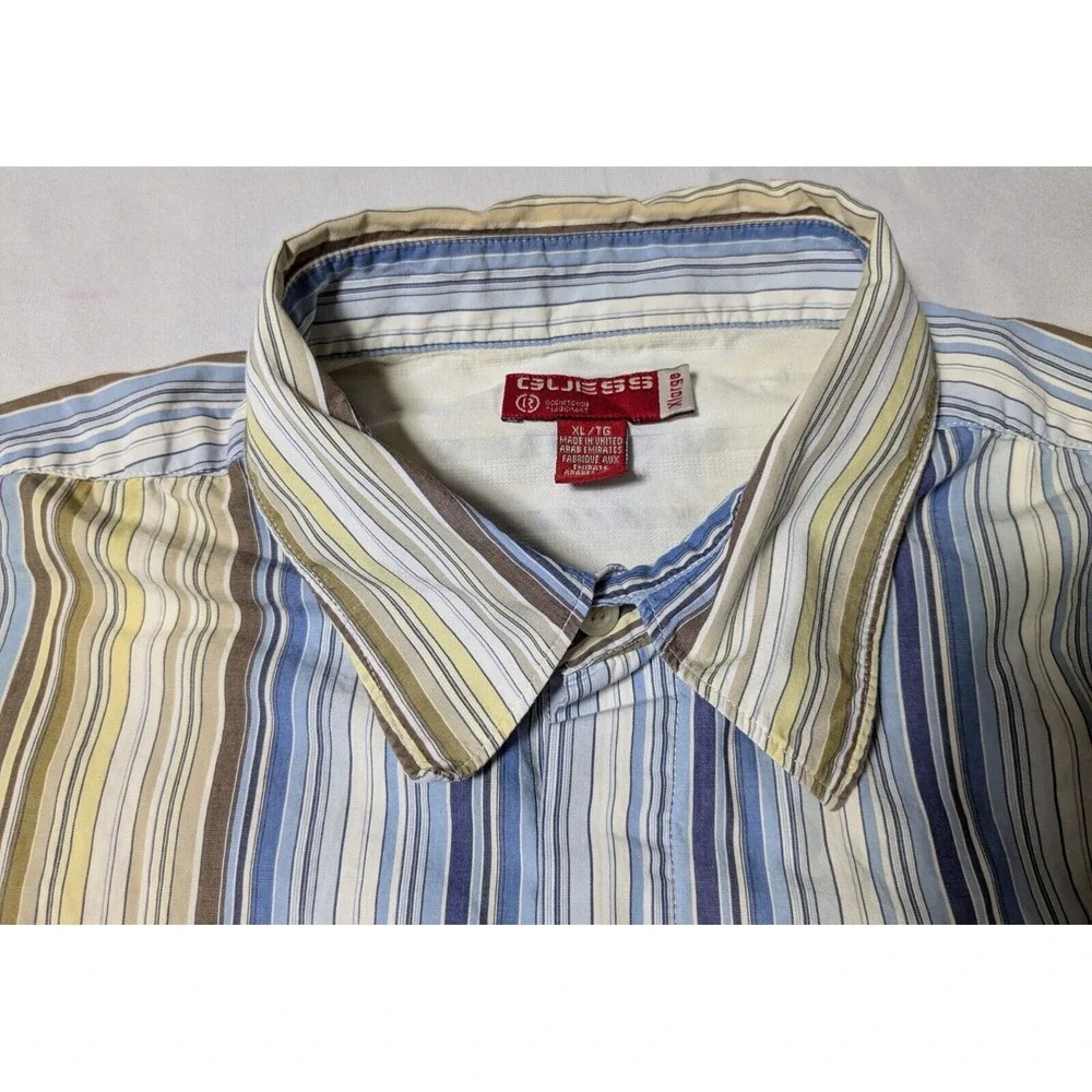 GUESS Covered-Placket Men XL‎ Blue Brown Yellow Striped Cotton Button Shirt